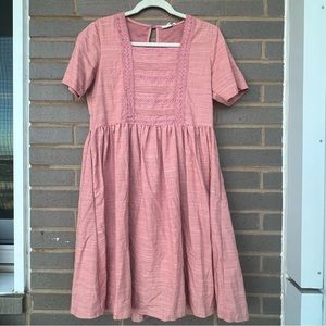 Hidden Alley Laced Pink Babydoll Midi Dress with Pockets